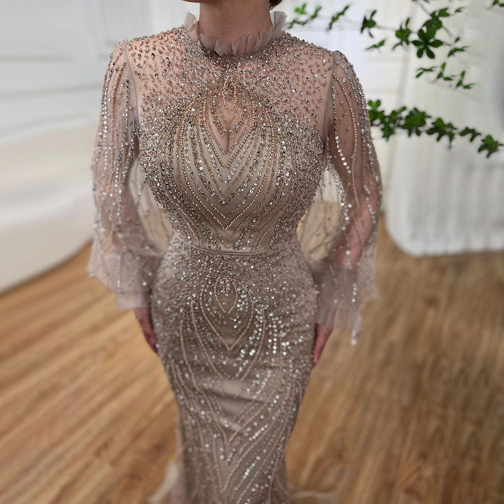 Serene Hill Caramel Mermaid Elegant High Neck Evening Dresses Gowns  Long Sleeves Beaded Luxury For Women Party LA71690