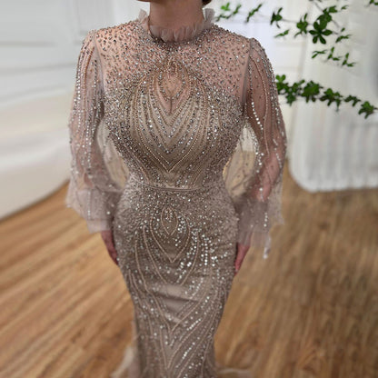 Serene Hill Caramel Mermaid Elegant High Neck Evening Dresses Gowns  Long Sleeves Beaded Luxury For Women Party LA71690