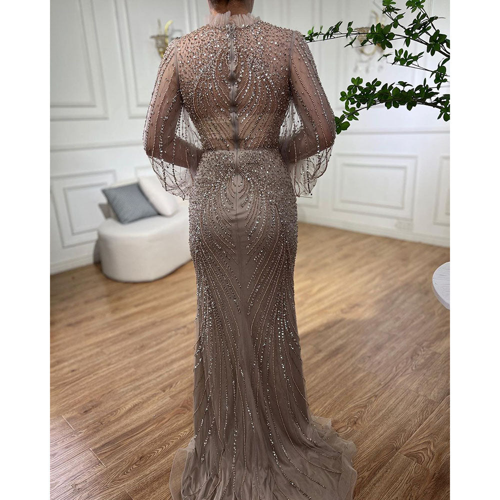Serene Hill Caramel Mermaid Elegant High Neck Evening Dresses Gowns  Long Sleeves Beaded Luxury For Women Party LA71690