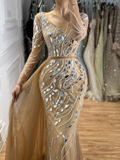 Luxury Nude Beaded Mermaid Evening Dress with Overskirt LA71757