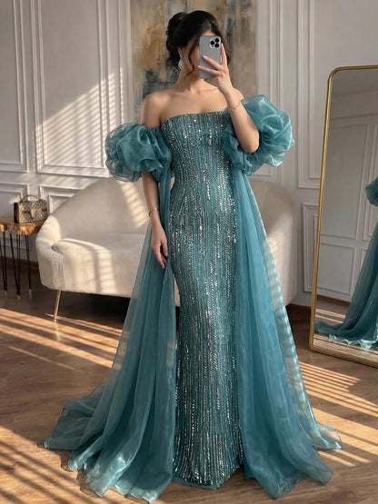Luxury Dubai Arabic Blue Mermaid Balloon Sleeves Beaded Evening Dresses LA71823