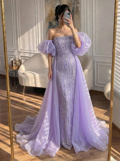 Luxury Dubai Arabic Blue Mermaid Balloon Sleeves Beaded Evening Dresses LA71823