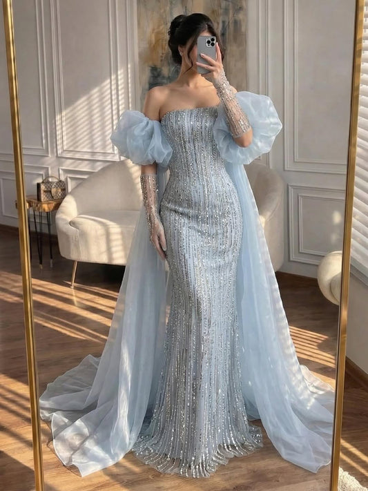 Luxury Dubai Arabic Blue Mermaid Balloon Sleeves Beaded Evening Dresses LA71823