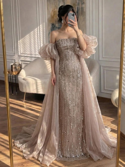 Luxury Dubai Arabic Blue Mermaid Balloon Sleeves Beaded Evening Dresses LA71823