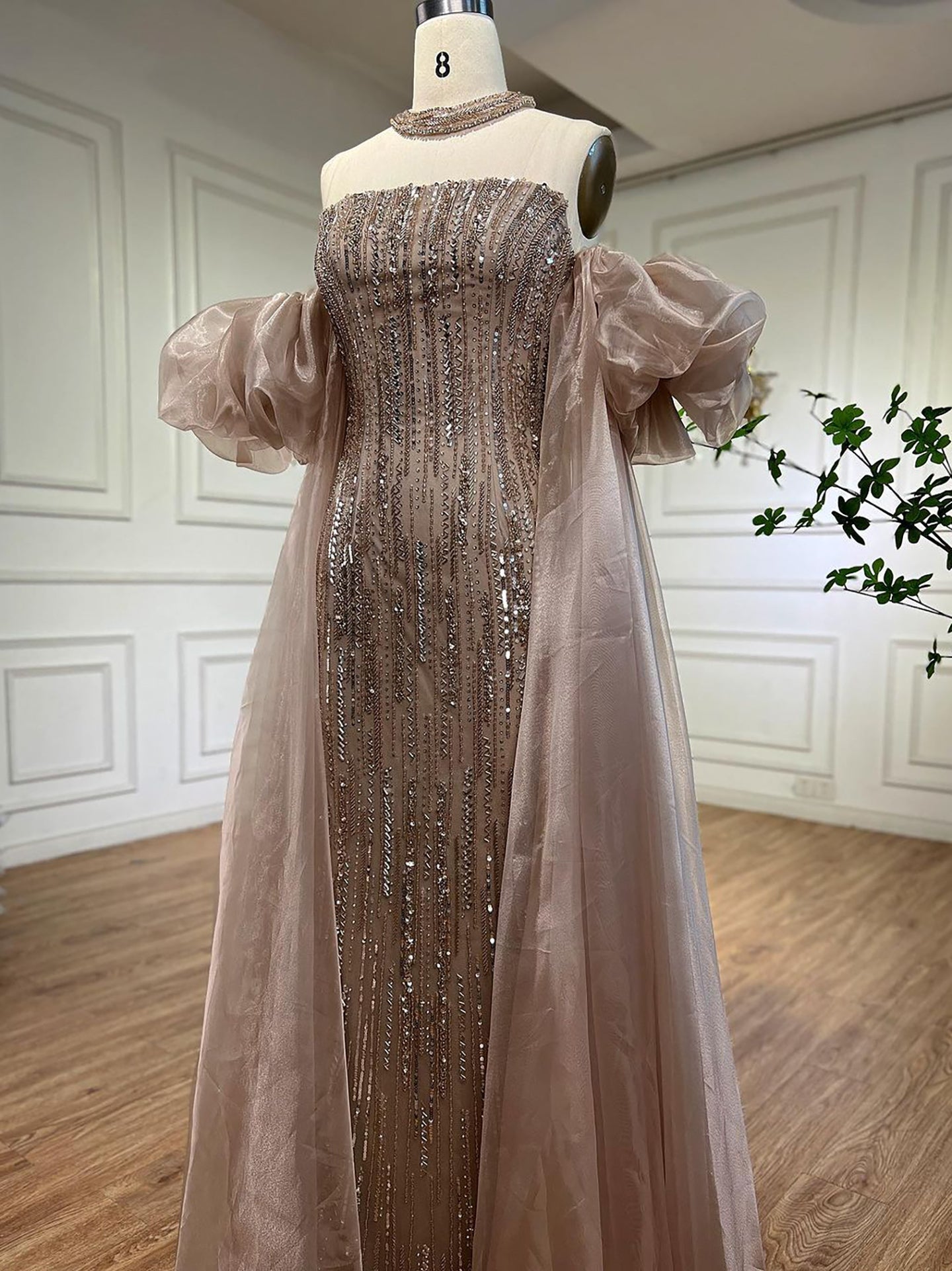 Luxury Dubai Arabic Blue Mermaid Balloon Sleeves Beaded Evening Dresses LA71823