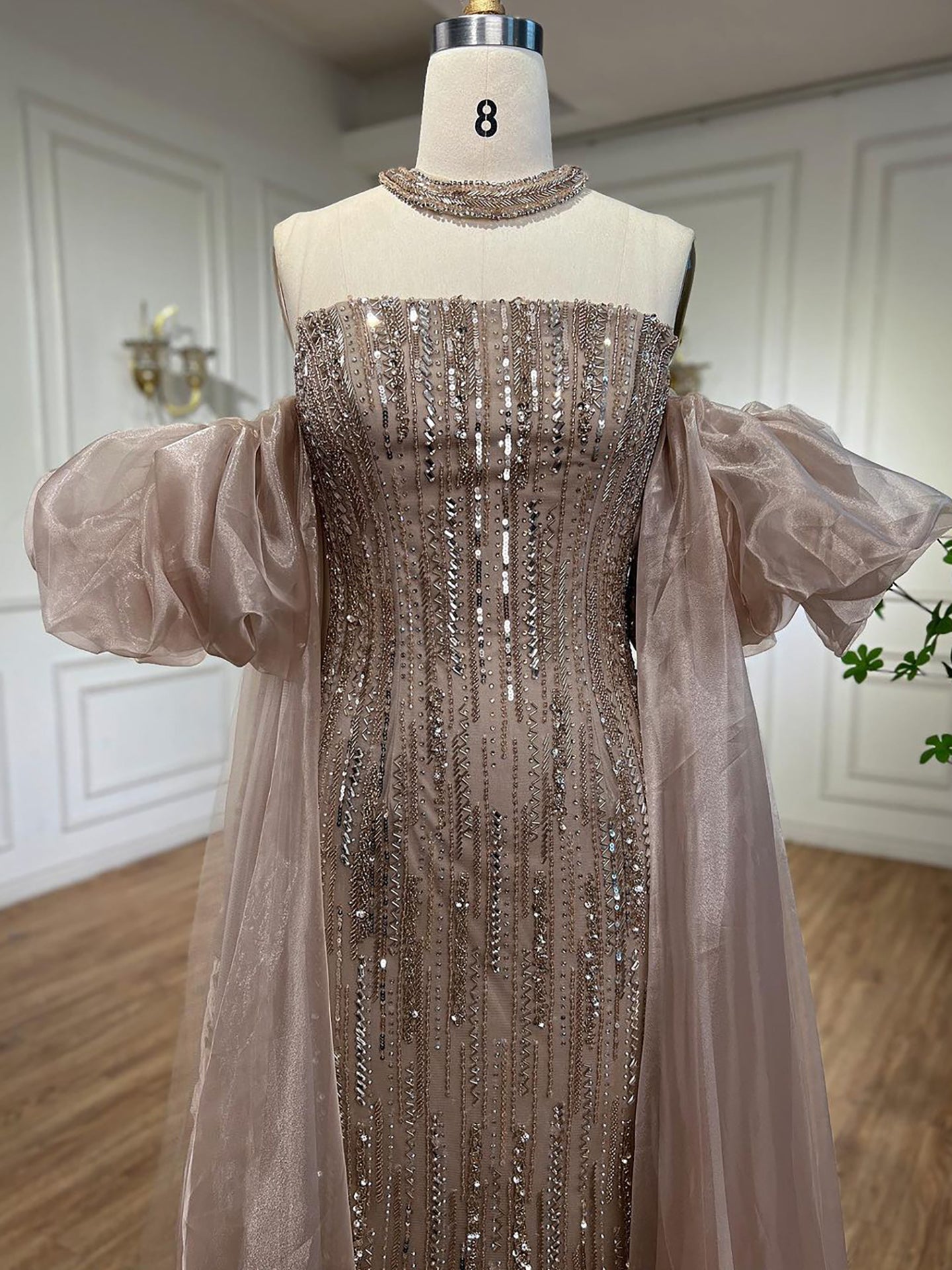 Luxury Dubai Arabic Blue Mermaid Balloon Sleeves Beaded Evening Dresses LA71823