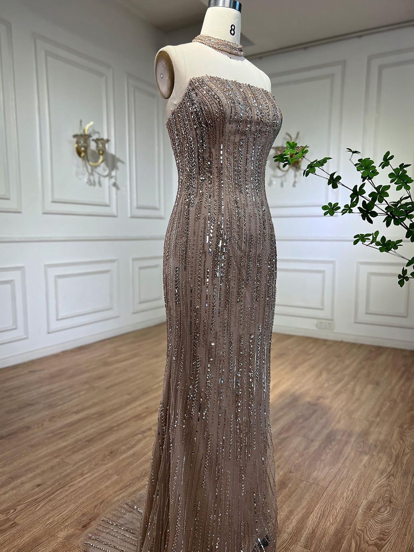 Luxury Dubai Arabic Blue Mermaid Balloon Sleeves Beaded Evening Dresses LA71823
