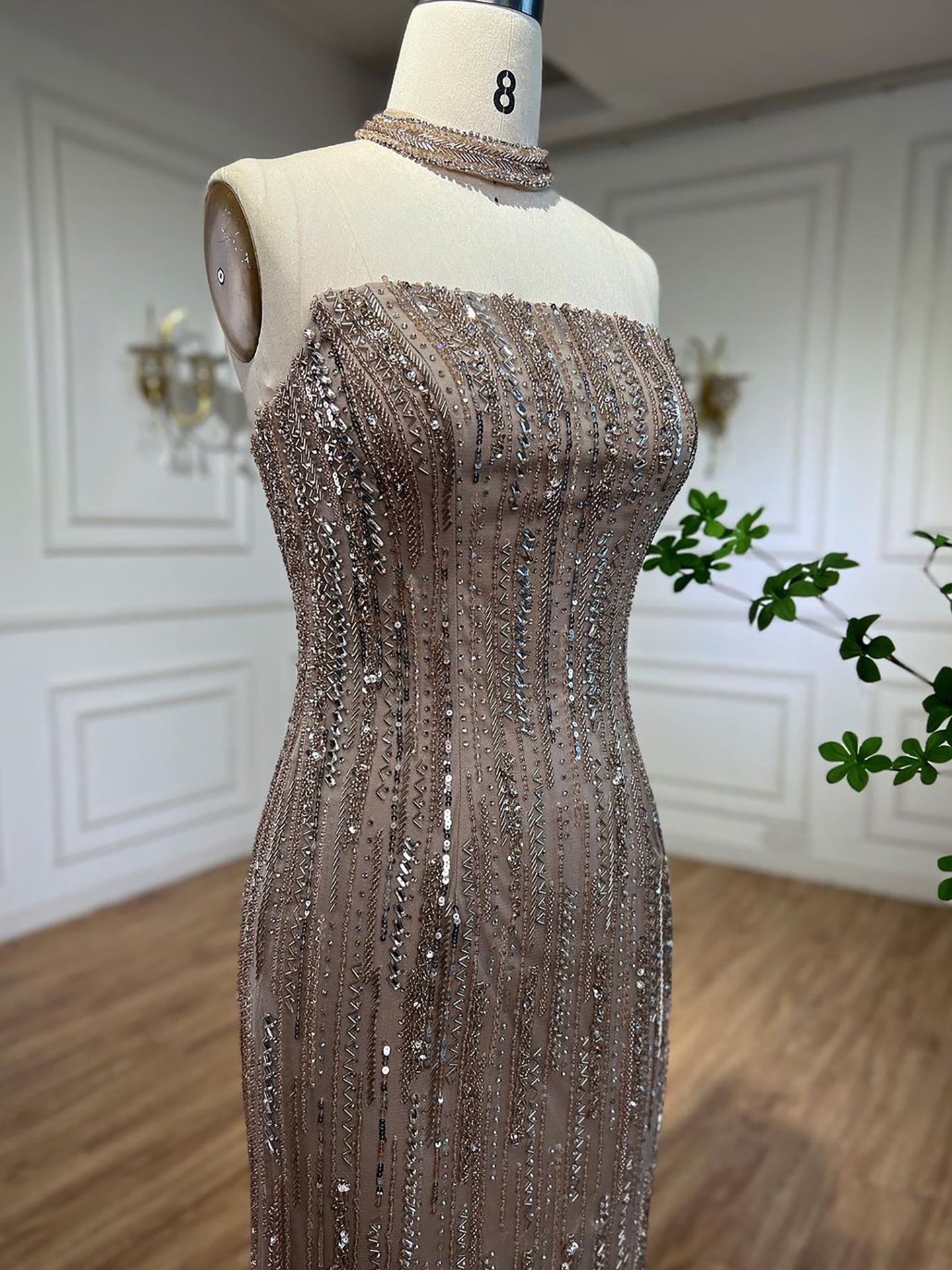 Luxury Dubai Arabic Blue Mermaid Balloon Sleeves Beaded Evening Dresses LA71823