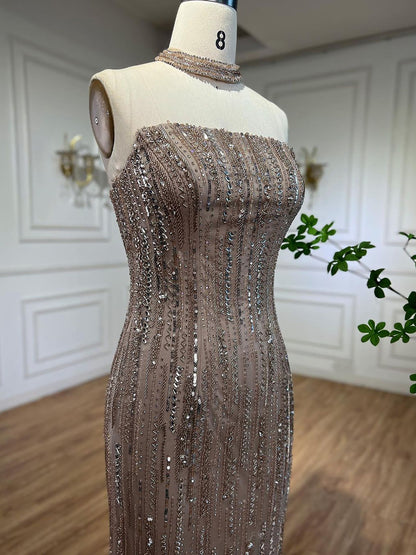 Luxury Dubai Arabic Blue Mermaid Balloon Sleeves Beaded Evening Dresses LA71823