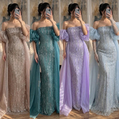 Luxury Dubai Arabic Blue Mermaid Balloon Sleeves Beaded Evening Dresses LA71823