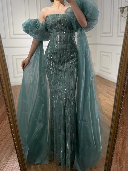 Luxury Dubai Arabic Blue Mermaid Balloon Sleeves Beaded Evening Dresses LA71823