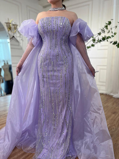 Luxury Dubai Arabic Blue Mermaid Balloon Sleeves Beaded Evening Dresses LA71823
