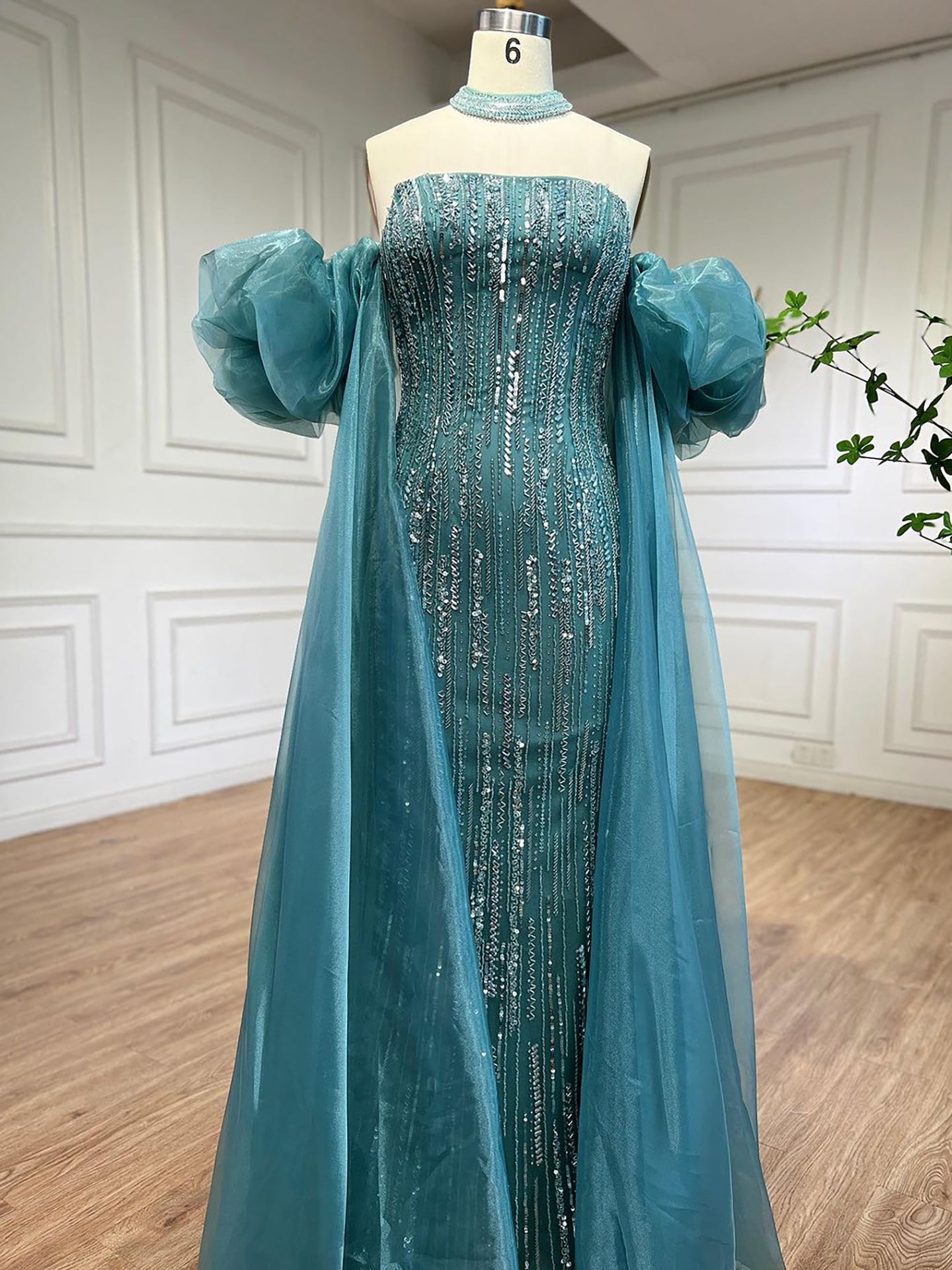 Luxury Dubai Arabic Blue Mermaid Balloon Sleeves Beaded Evening Dresses LA71823