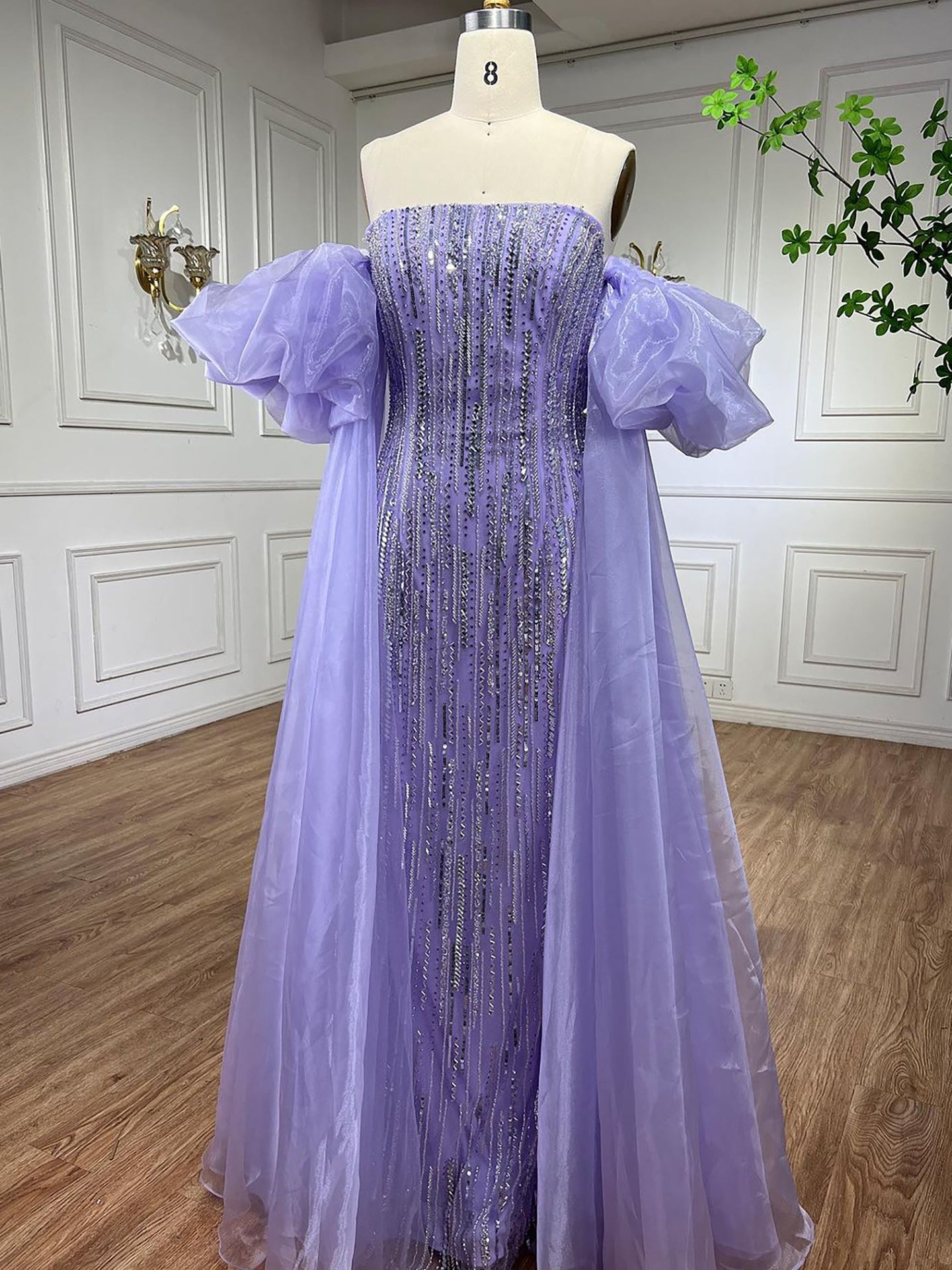 Luxury Dubai Arabic Blue Mermaid Balloon Sleeves Beaded Evening Dresses LA71823