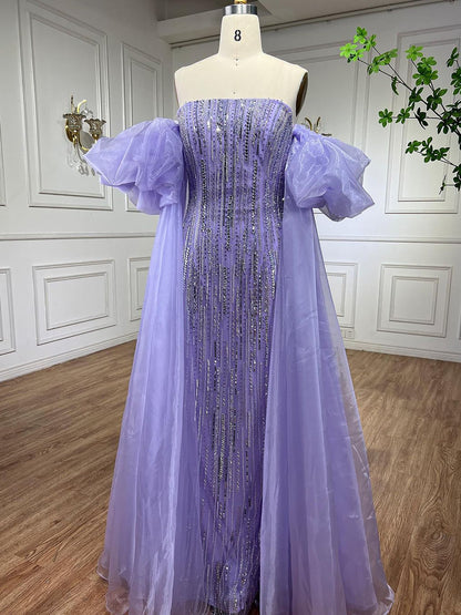 Luxury Dubai Arabic Blue Mermaid Balloon Sleeves Beaded Evening Dresses LA71823