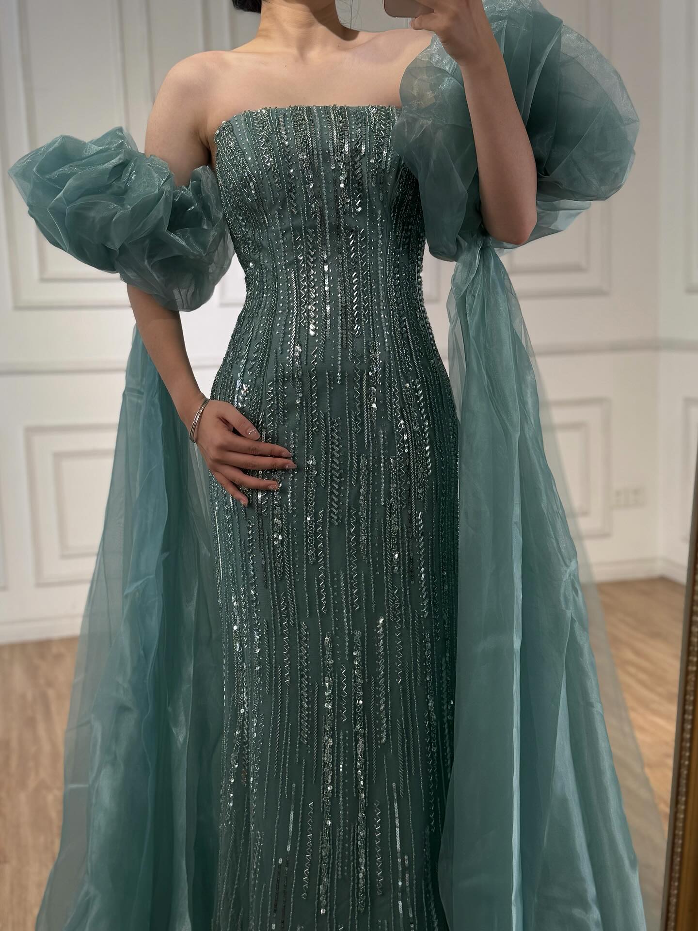 Luxury Dubai Arabic Blue Mermaid Balloon Sleeves Beaded Evening Dresses LA71823