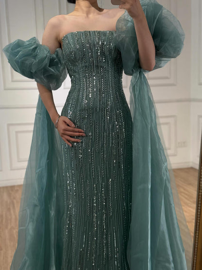 Luxury Dubai Arabic Blue Mermaid Balloon Sleeves Beaded Evening Dresses LA71823