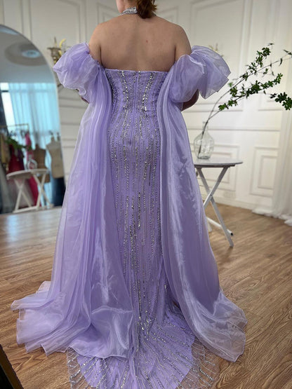 Luxury Dubai Arabic Blue Mermaid Balloon Sleeves Beaded Evening Dresses LA71823