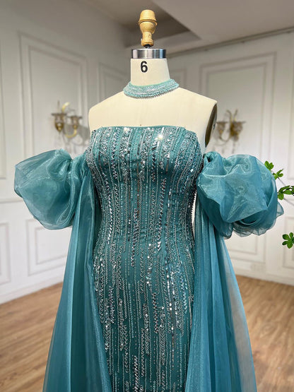 Luxury Dubai Arabic Blue Mermaid Balloon Sleeves Beaded Evening Dresses LA71823