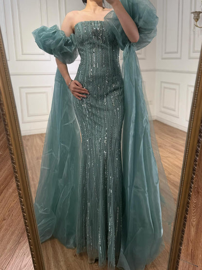 Luxury Dubai Arabic Blue Mermaid Balloon Sleeves Beaded Evening Dresses LA71823