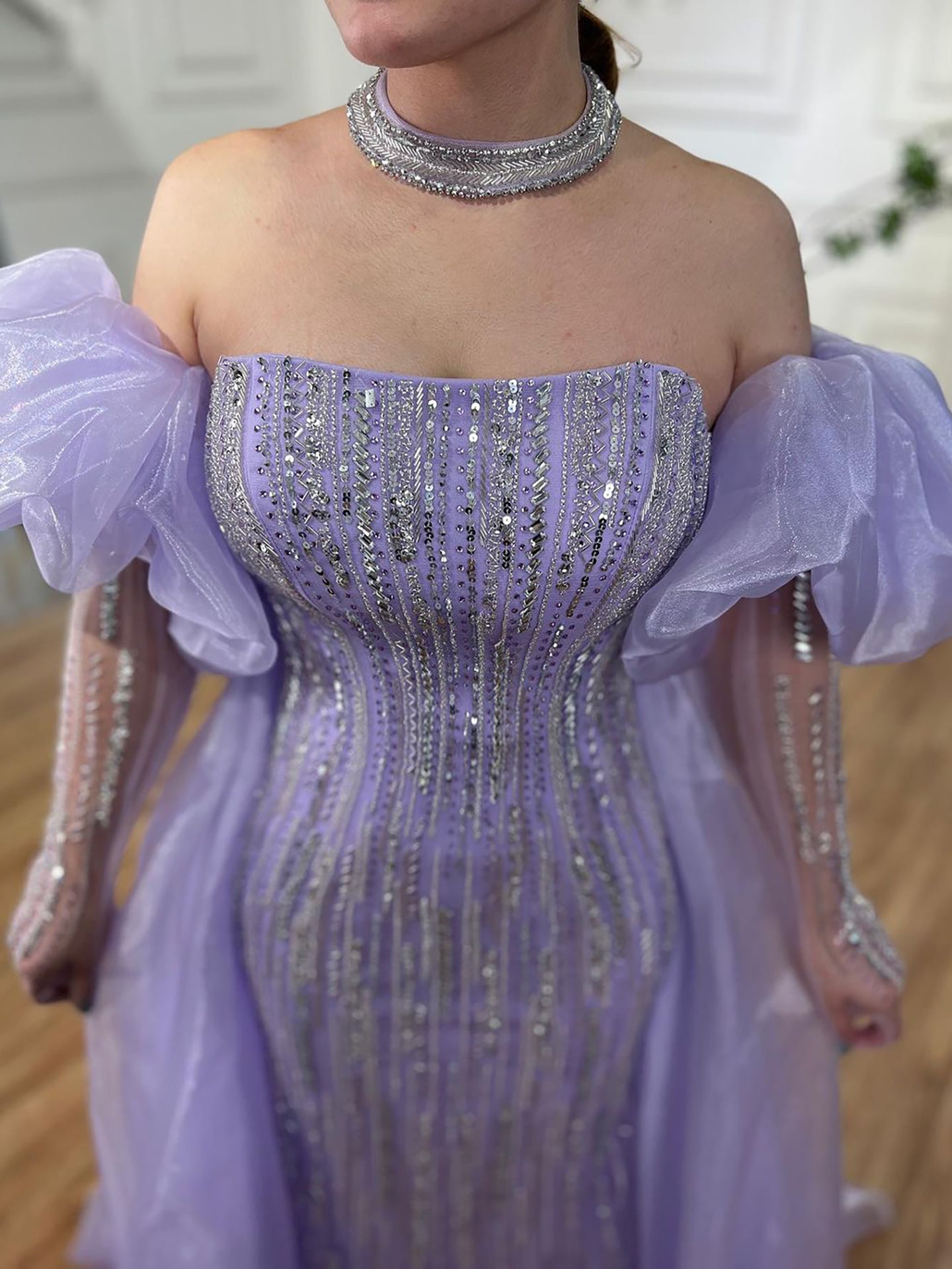 Luxury Dubai Arabic Blue Mermaid Balloon Sleeves Beaded Evening Dresses LA71823