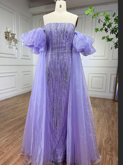 Luxury Dubai Arabic Blue Mermaid Balloon Sleeves Beaded Evening Dresses LA71823