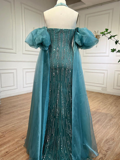 Luxury Dubai Arabic Blue Mermaid Balloon Sleeves Beaded Evening Dresses LA71823
