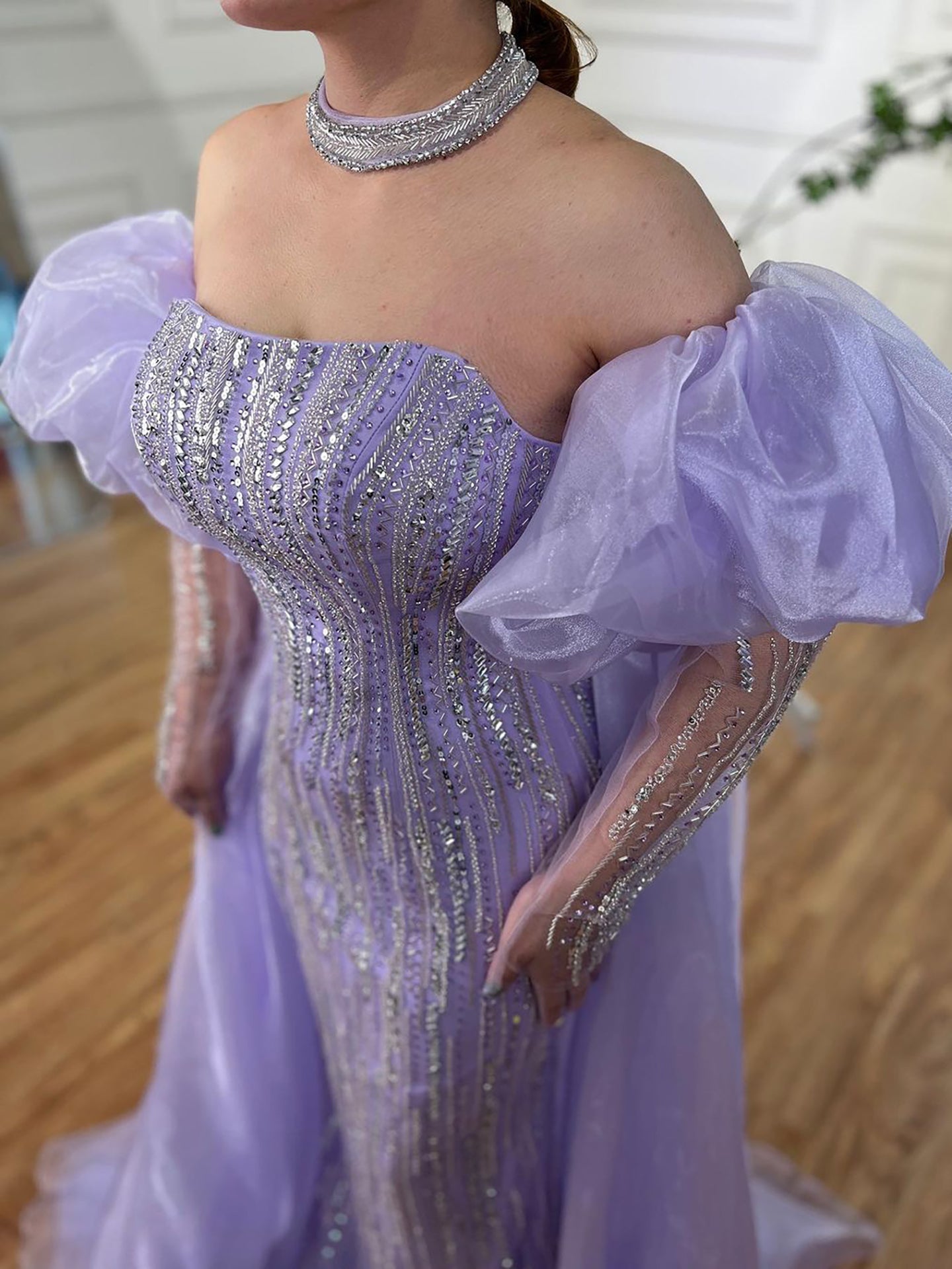 Luxury Dubai Arabic Blue Mermaid Balloon Sleeves Beaded Evening Dresses LA71823