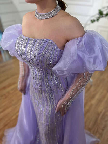 Luxury Dubai Arabic Blue Mermaid Balloon Sleeves Beaded Evening Dresses LA71823