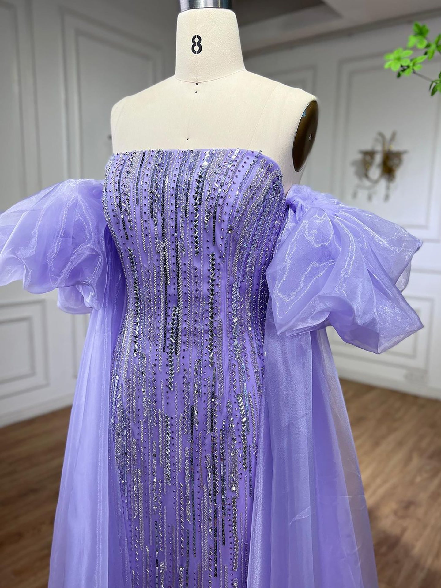 Luxury Dubai Arabic Blue Mermaid Balloon Sleeves Beaded Evening Dresses LA71823