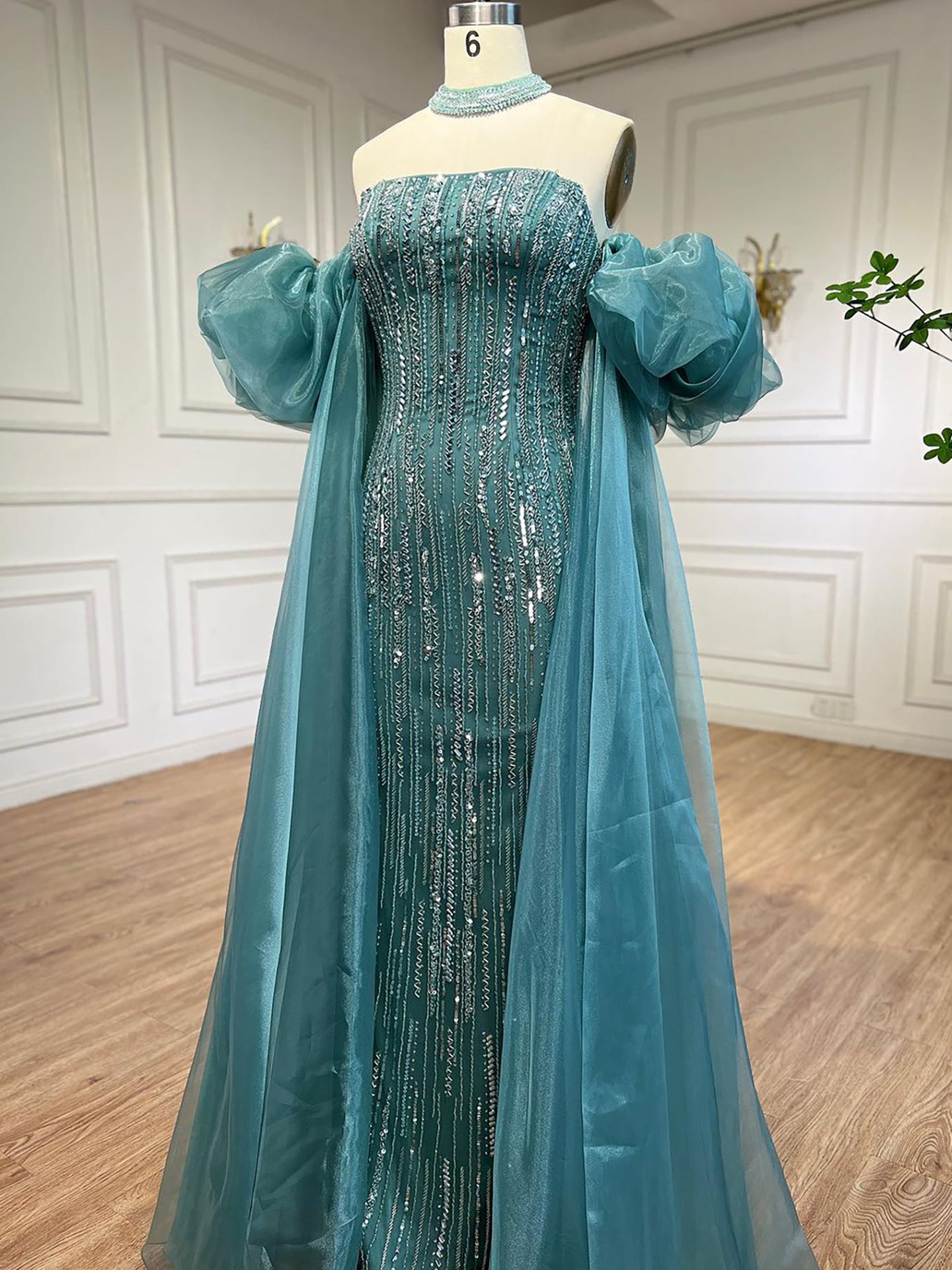 Luxury Dubai Arabic Blue Mermaid Balloon Sleeves Beaded Evening Dresses LA71823