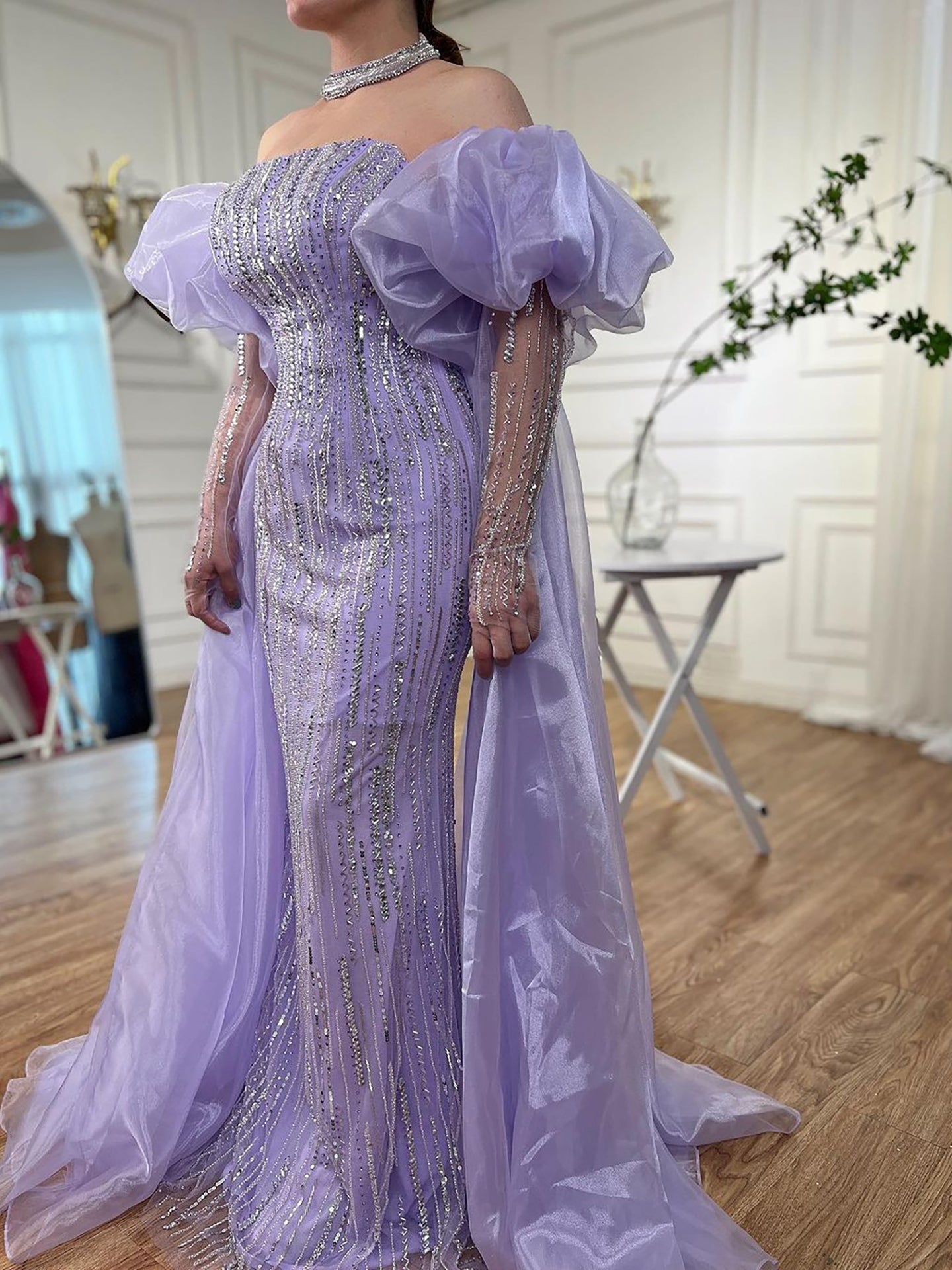 Luxury Dubai Arabic Blue Mermaid Balloon Sleeves Beaded Evening Dresses LA71823