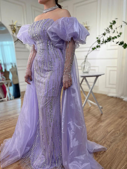 Luxury Dubai Arabic Blue Mermaid Balloon Sleeves Beaded Evening Dresses LA71823
