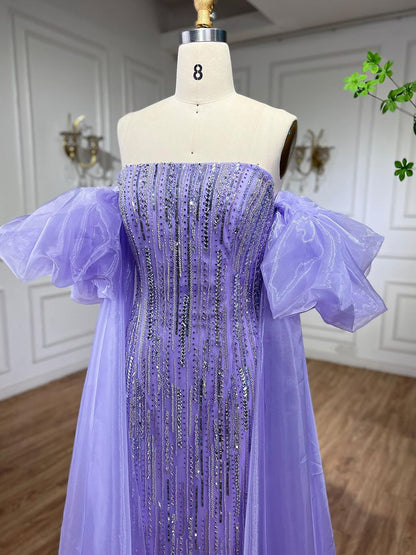 Luxury Dubai Arabic Blue Mermaid Balloon Sleeves Beaded Evening Dresses LA71823
