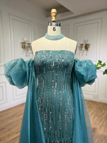Luxury Dubai Arabic Blue Mermaid Balloon Sleeves Beaded Evening Dresses LA71823