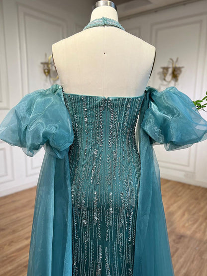 Luxury Dubai Arabic Blue Mermaid Balloon Sleeves Beaded Evening Dresses LA71823