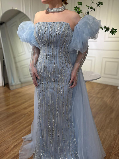 Luxury Dubai Arabic Blue Mermaid Balloon Sleeves Beaded Evening Dresses LA71823