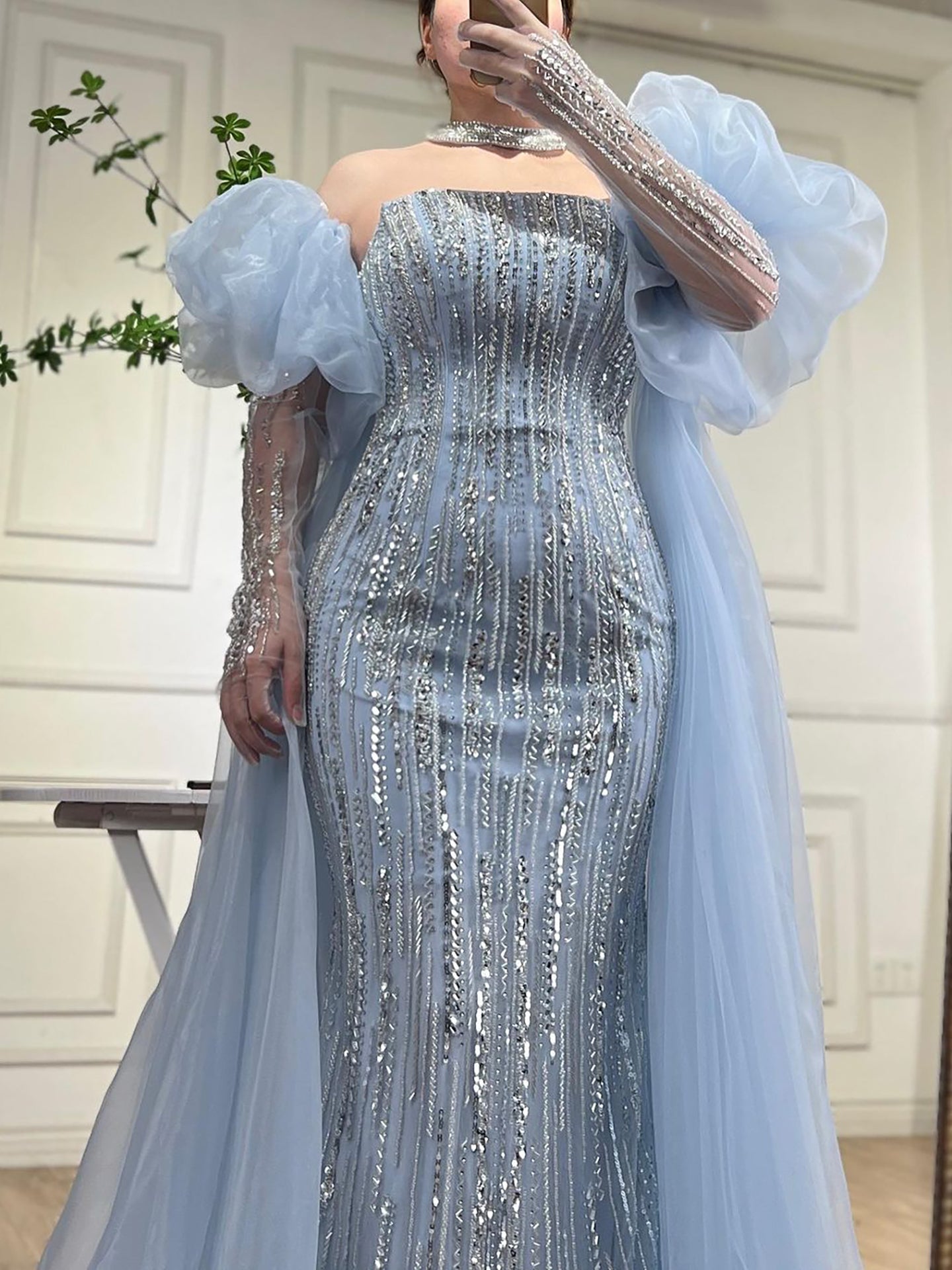 Luxury Dubai Arabic Blue Mermaid Balloon Sleeves Beaded Evening Dresses LA71823