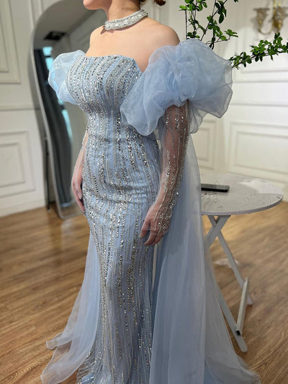 Luxury Dubai Arabic Blue Mermaid Balloon Sleeves Beaded Evening Dresses LA71823