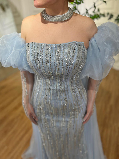 Luxury Dubai Arabic Blue Mermaid Balloon Sleeves Beaded Evening Dresses LA71823