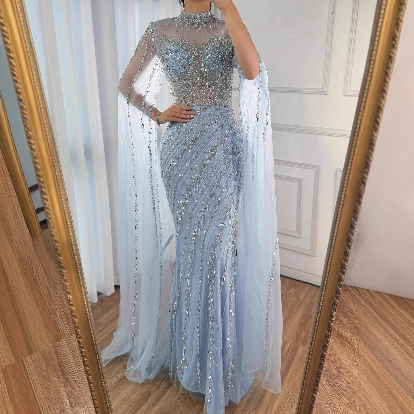 Luxury Nude Mermaid Evening Dress with Cape Sleeves LA71885A