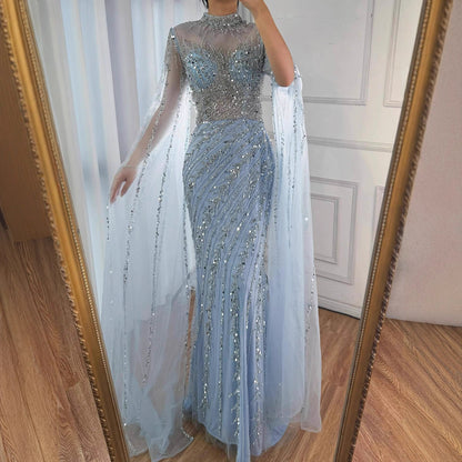 Luxury Nude Mermaid Evening Dress with Cape Sleeves LA71885A