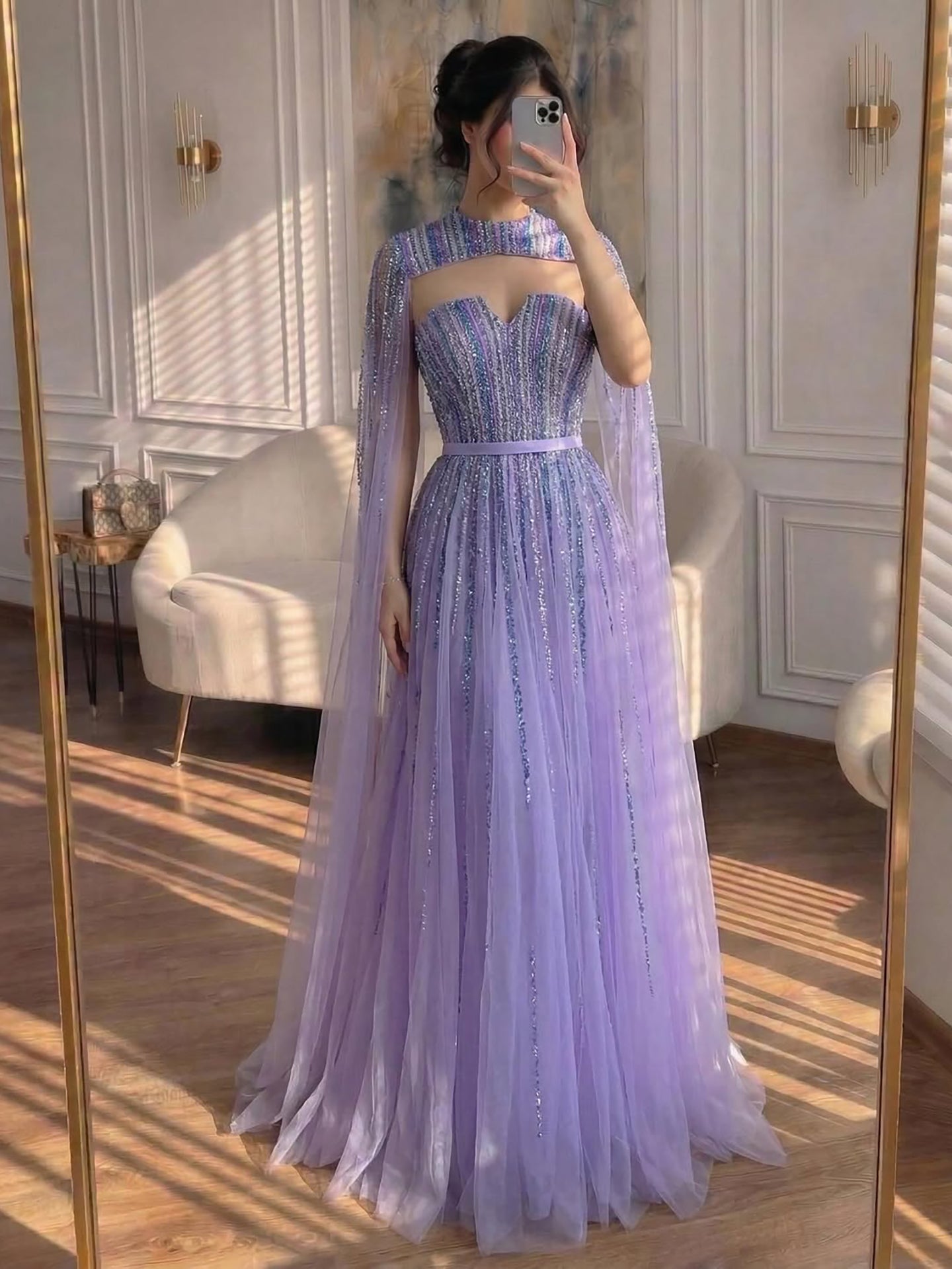 Luxury Dubai Fuchsia Evening Dress with Cape Sleeves LA71912