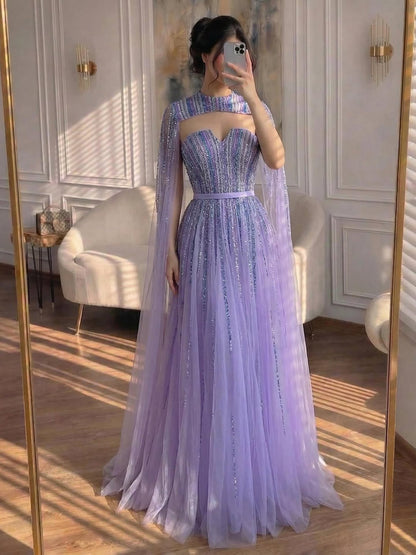 Luxury Dubai Fuchsia Evening Dress with Cape Sleeves LA71912