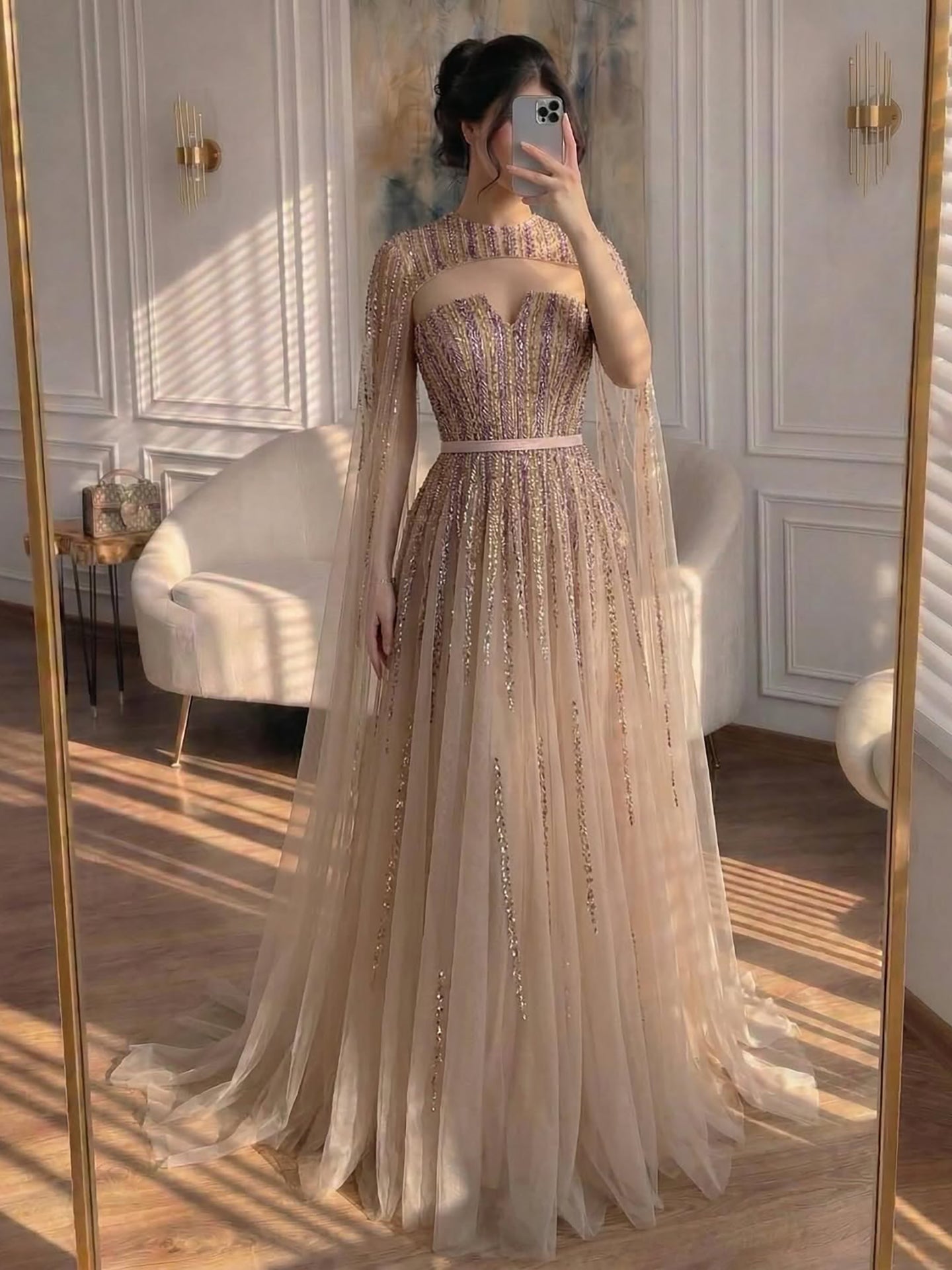 Luxury Dubai Fuchsia Evening Dress with Cape Sleeves LA71912
