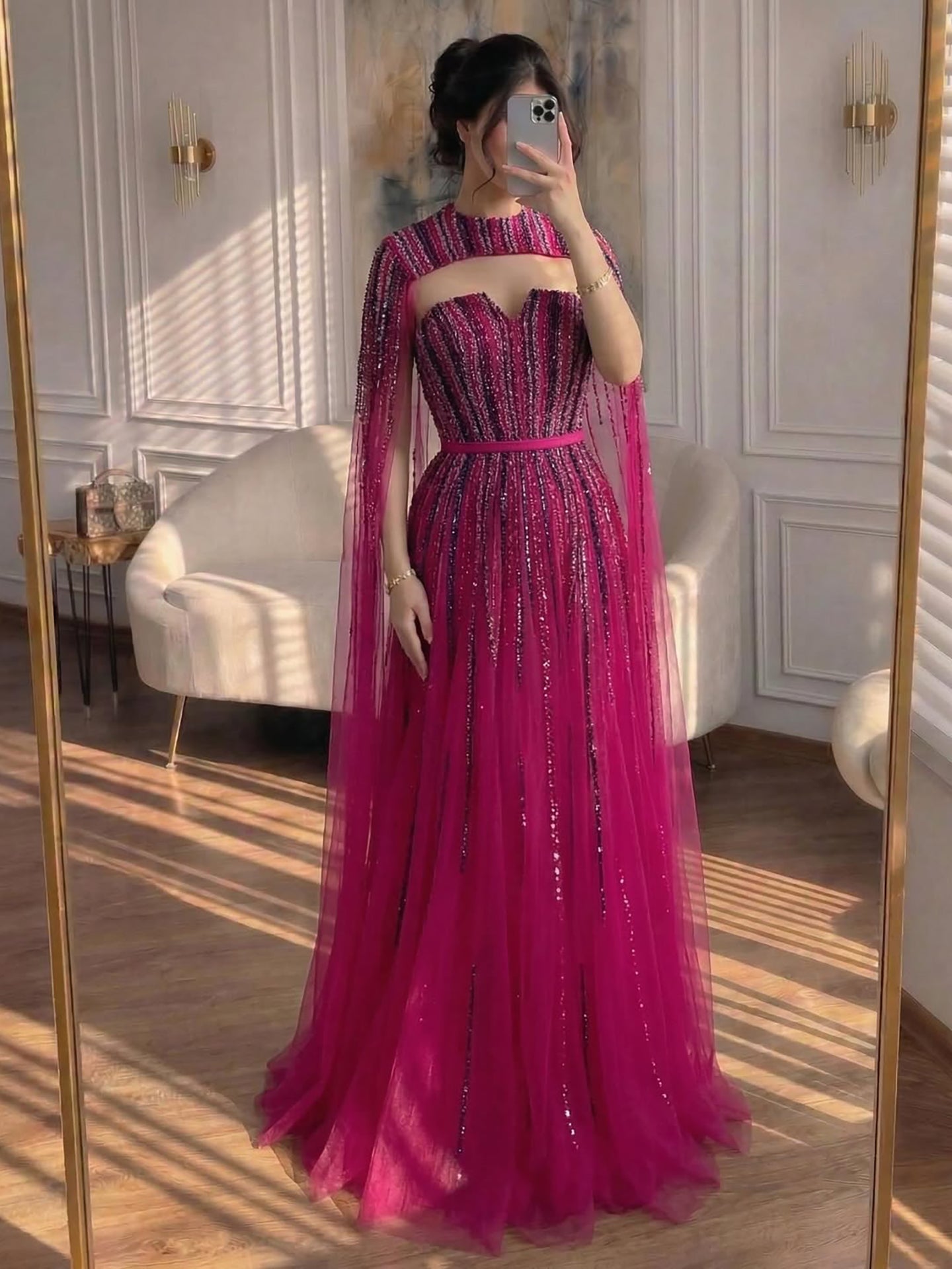 Luxury Dubai Fuchsia Evening Dress with Cape Sleeves LA71912