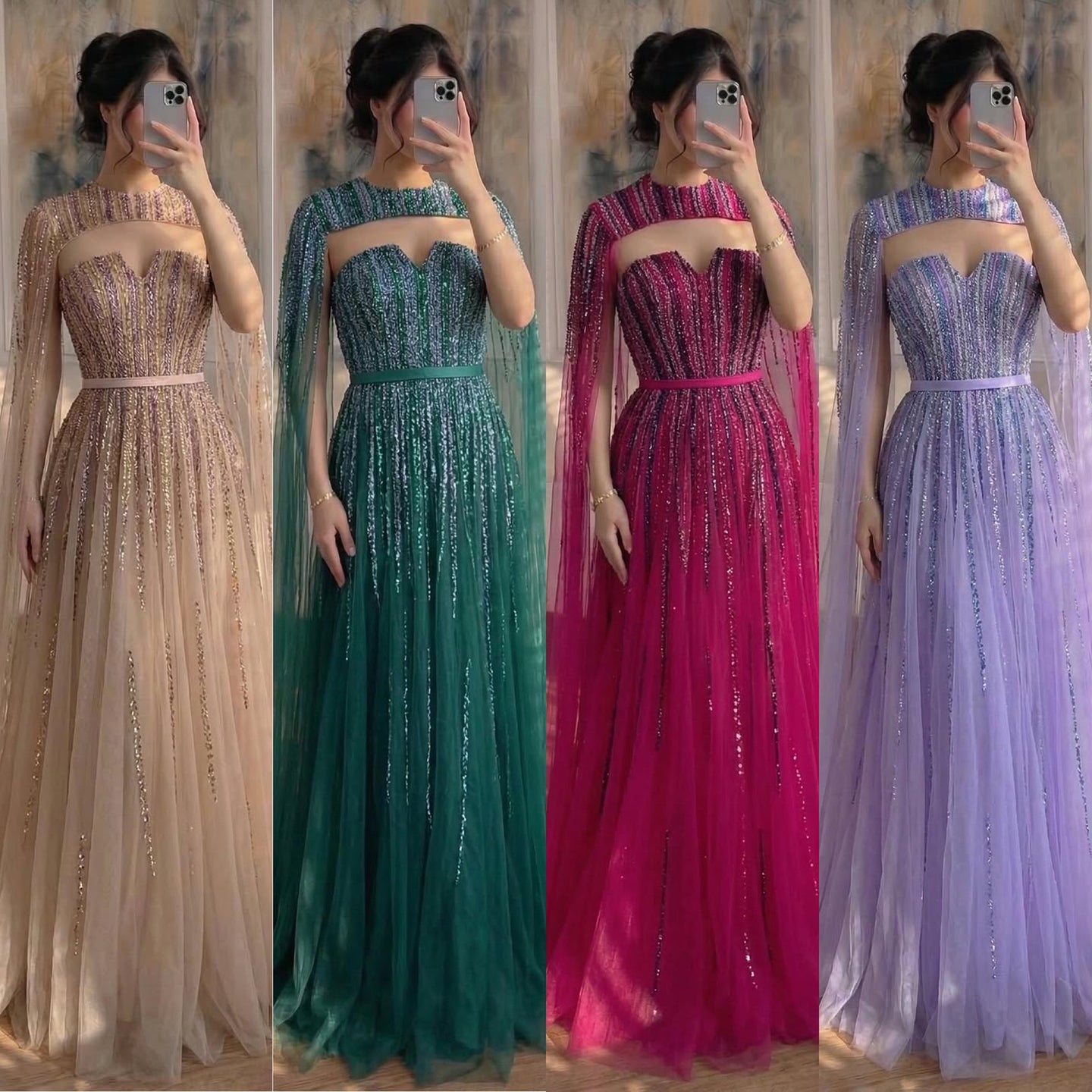 Luxury Dubai Fuchsia Evening Dress with Cape Sleeves LA71912