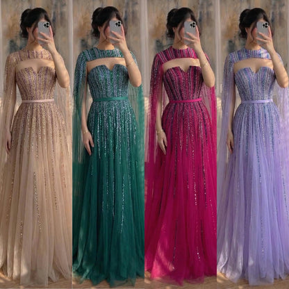 Luxury Dubai Fuchsia Evening Dress with Cape Sleeves LA71912