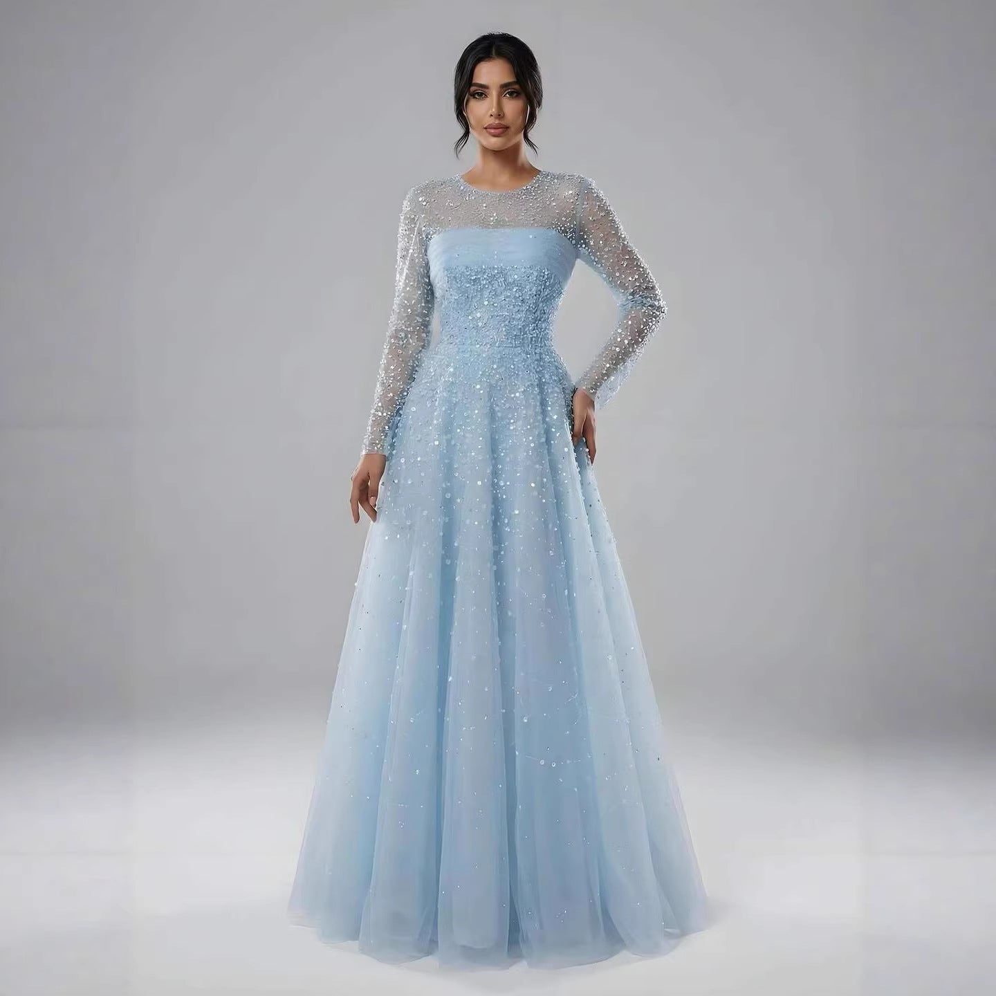 Luxury Arabic Blue O-Neck Beaded A-Line Evening Dress with Long Sleeves LA72009B