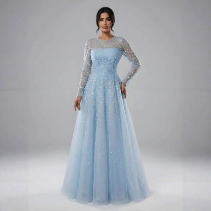 Luxury Arabic Blue O-Neck Beaded A-Line Evening Dress with Long Sleeves LA72009B